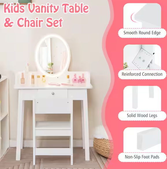 2-Piece Wood Top White Kids Vanity Set with Lighted Mirror Chair