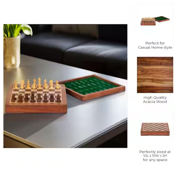 Brown 10 in. x 2 in. Acacia Wood Magnetic Chess Table Game Set
