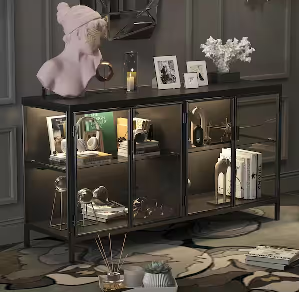 Black Wood 55.1 in. W Glass Door Display Cabinets