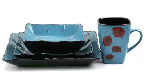 16-Piece Patterned Blue Stoneware Dinnerware Set