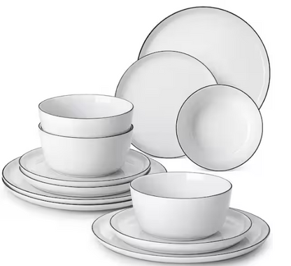 12-Piece White Black Rim Porcelain Dinnerware Set