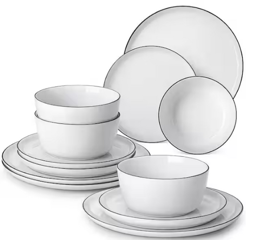 12-Piece White Black Rim Porcelain Dinnerware Set
