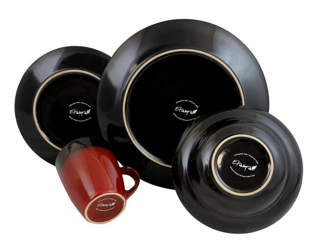 16-Piece Modern Black and Red Stoneware Dinnerware Set