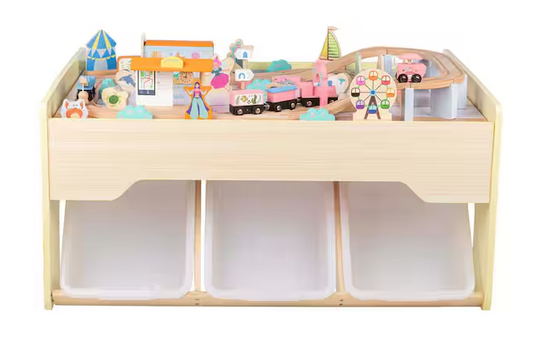 63PC Wooden Train Set with Table, Yellow