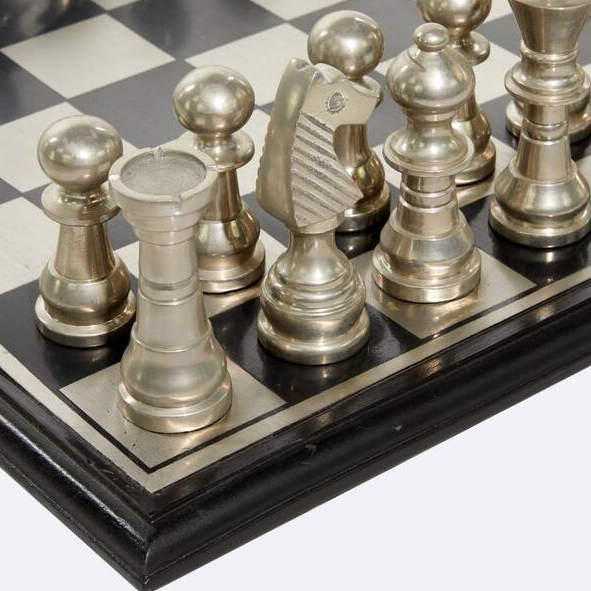 Silver Aluminum Chess Game Set with Black and Silver Pieces