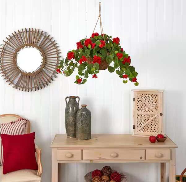 24 in. Artificial Geranium Silk Hanging Basket