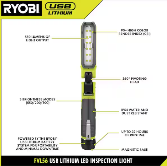 USB Lithium Cordless Inspection Flashlight and Pivoting Head Flashlight