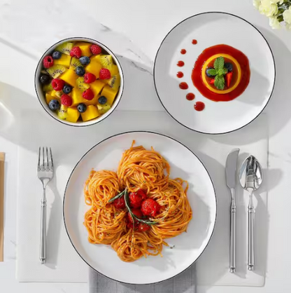 12-Piece White Black Rim Porcelain Dinnerware Set
