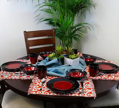16-Piece Modern Black and Red Stoneware Dinnerware Set