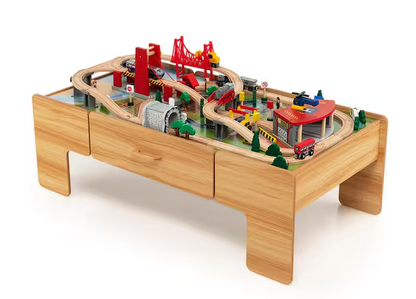 Kids Wooden Train Set and Double-Sided Table Playset