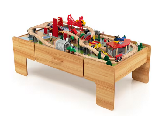 Kids Wooden Train Set and Double-Sided Table Playset