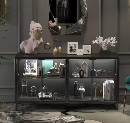 Black Wood 55.1 in. W Glass Door Display Cabinets