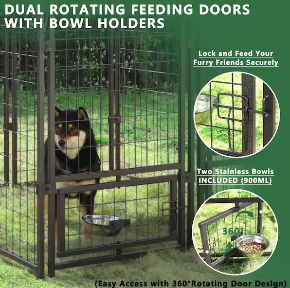 Outdoor Dog Cage Fence with Cover and Rotating Feeding Door