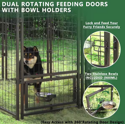 Outdoor Dog Cage Fence with Cover and Rotating Feeding Door