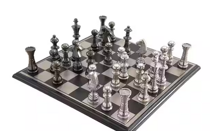 Silver Aluminum Chess Game Set with Black and Silver Pieces