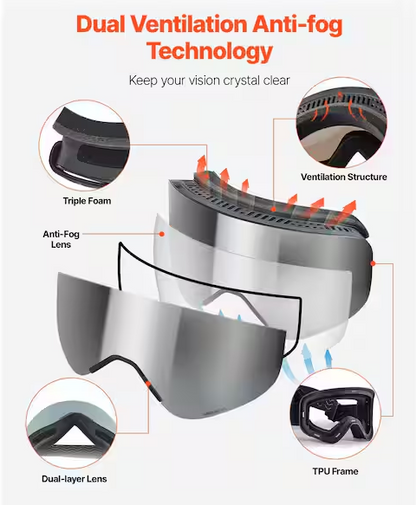 Frameless Silver Mirror Lens OTG Anti-Fog Snow Goggles