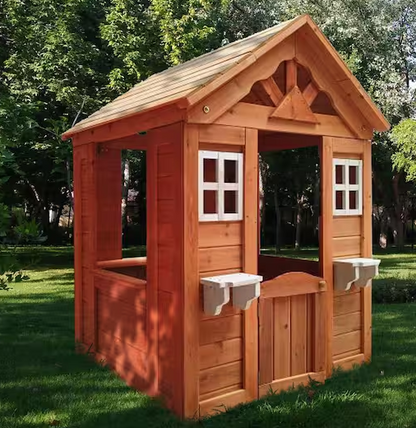 Wooden Kids Playhouse with 2-Windows and Flowerpot Holder