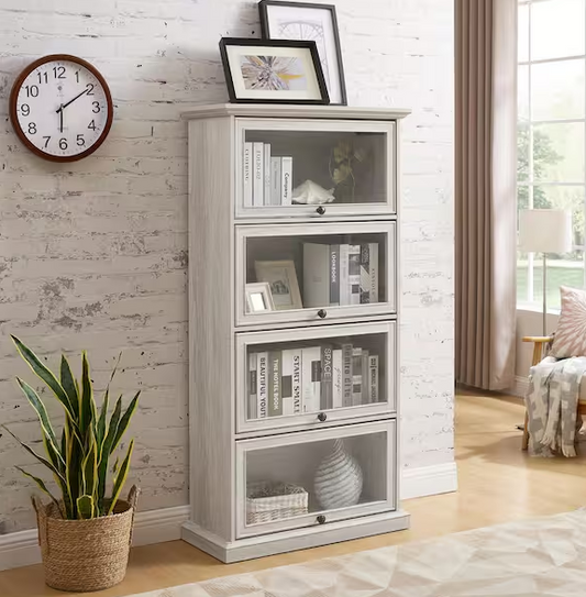 White Wood 63.2 in. Glass Display Cabinet with 4 Flip up Glass Doors