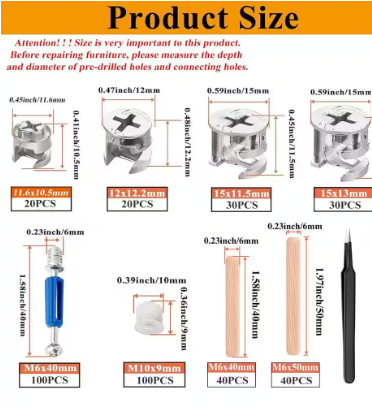 3-in-1 Eccentric Wheels Furniture Cam Lock Fasteners-  380-Piece Cam Locks with Multi-Size Cam Bolt and Wood Dowel Pins