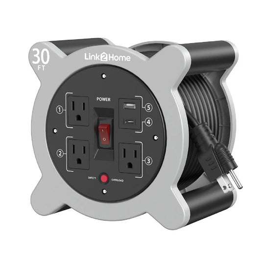 Cord Reel with 3 Outlets 2 USB A/C - Link2Home 30ft.