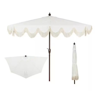 Patio Umbrella with Crank, Push Button Tilt and UV Protection in Cream/White - Beverly 9 ft. Scalloped Fringe Half Market