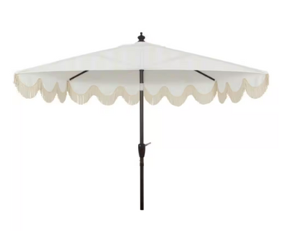 Patio Umbrella with Crank, Push Button Tilt and UV Protection in Cream/White - Beverly 9 ft. Scalloped Fringe Half Market